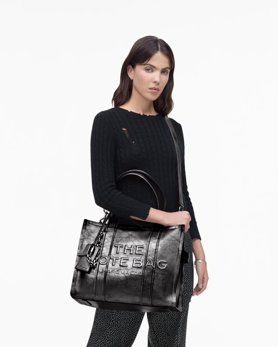 Marc Jacobs The Metallic Distressed Large Tote Bag Dark Grey | BLMZPR698