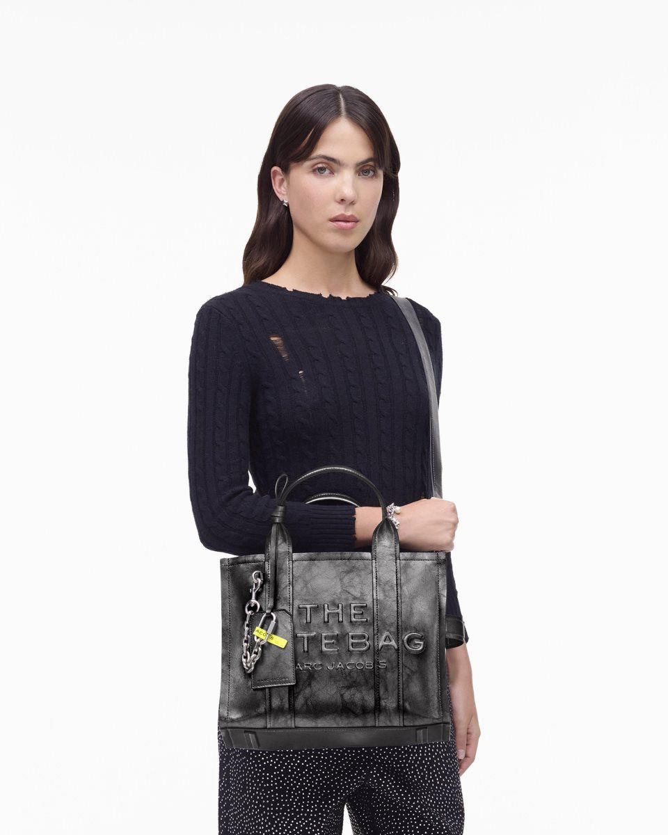 Marc Jacobs The Metallic Distressed Medium Tote Bag Dark Grey | EURHLD607