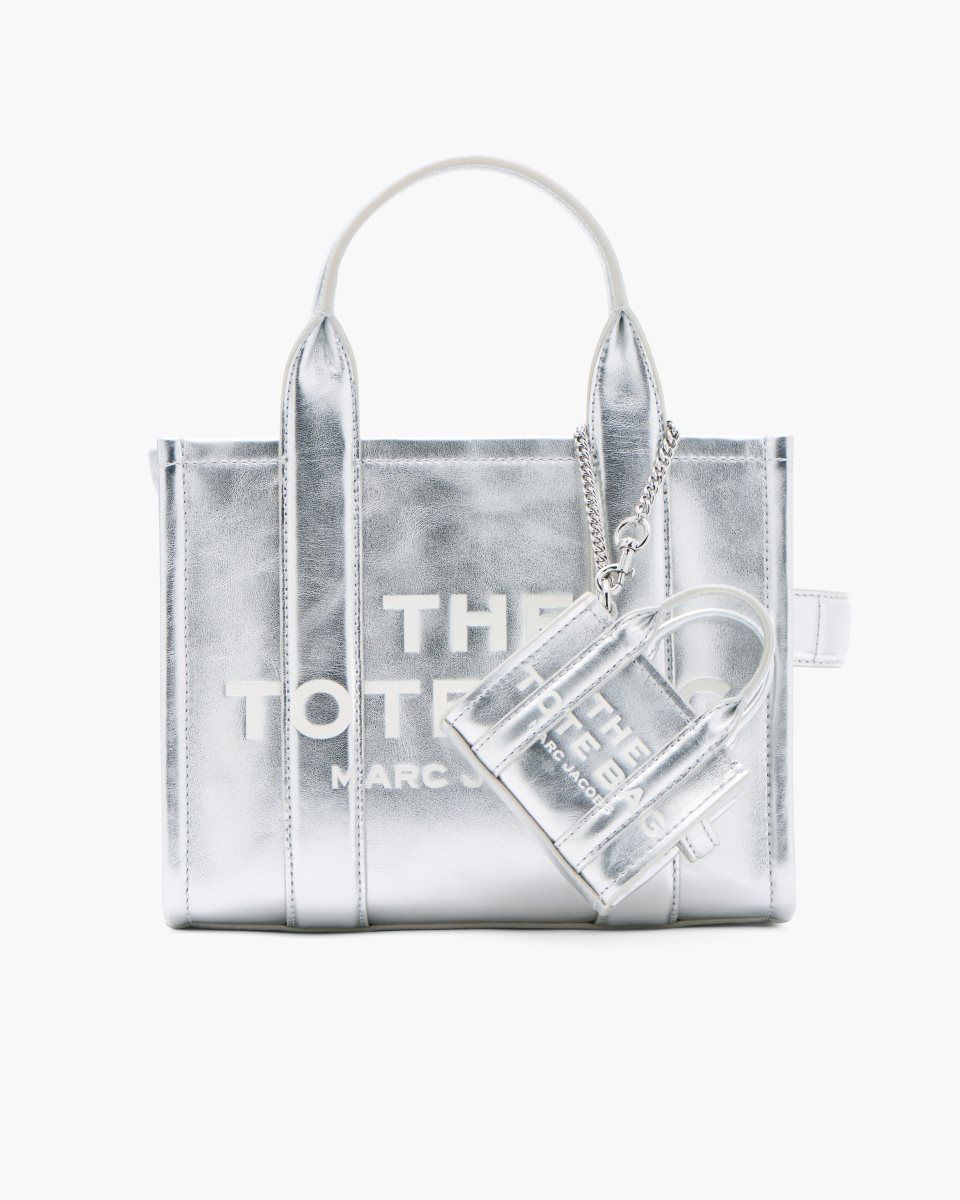 Marc Jacobs The Metallic Leather Nano Tote Charm Silver | SVOQRT486