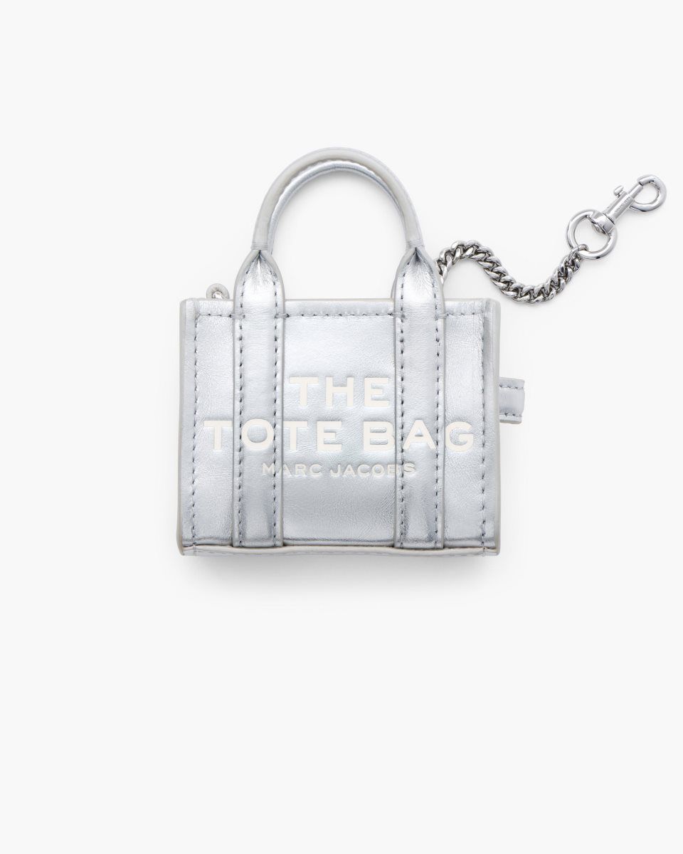 Marc Jacobs The Metallic Leather Nano Tote Charm Silver | SVOQRT486