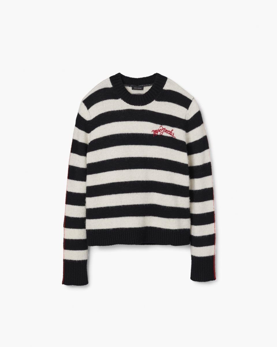 Marc Jacobs The Striped Brushed Logo Sweater Black / White | FNGWQD601