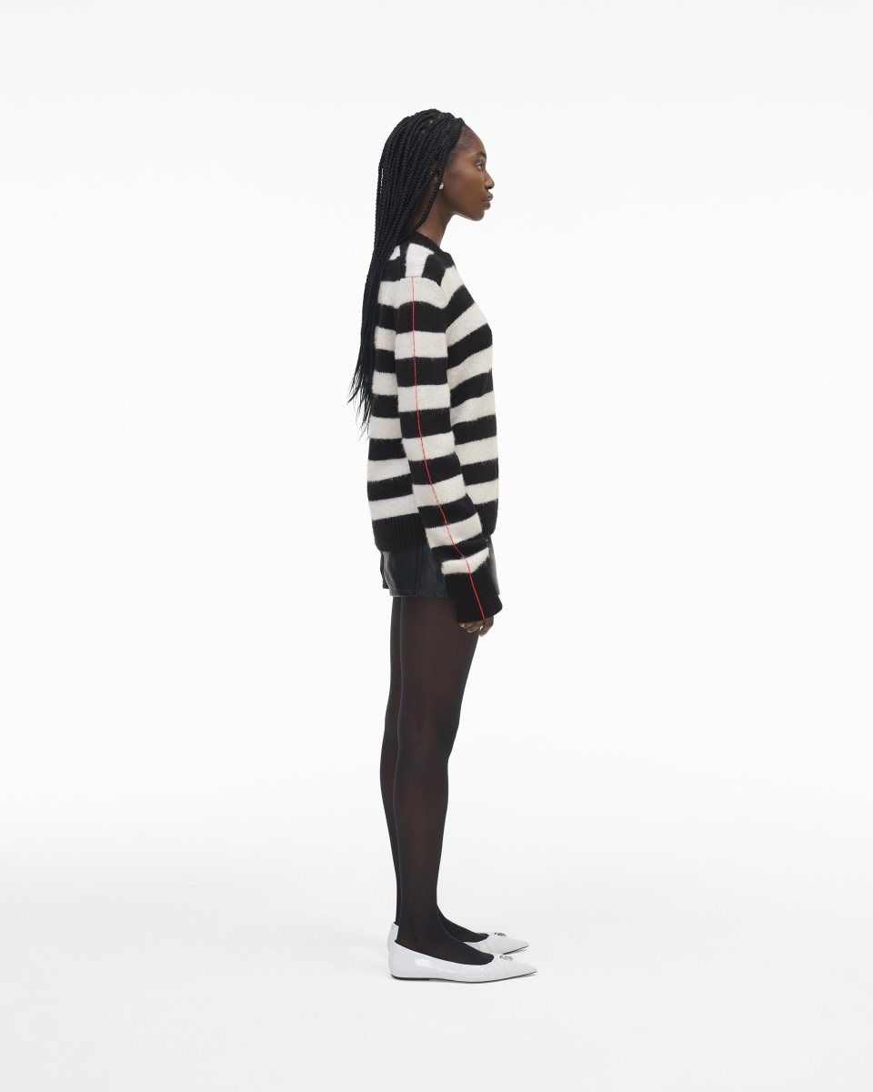 Marc Jacobs The Striped Brushed Logo Sweater Black / White | FNGWQD601