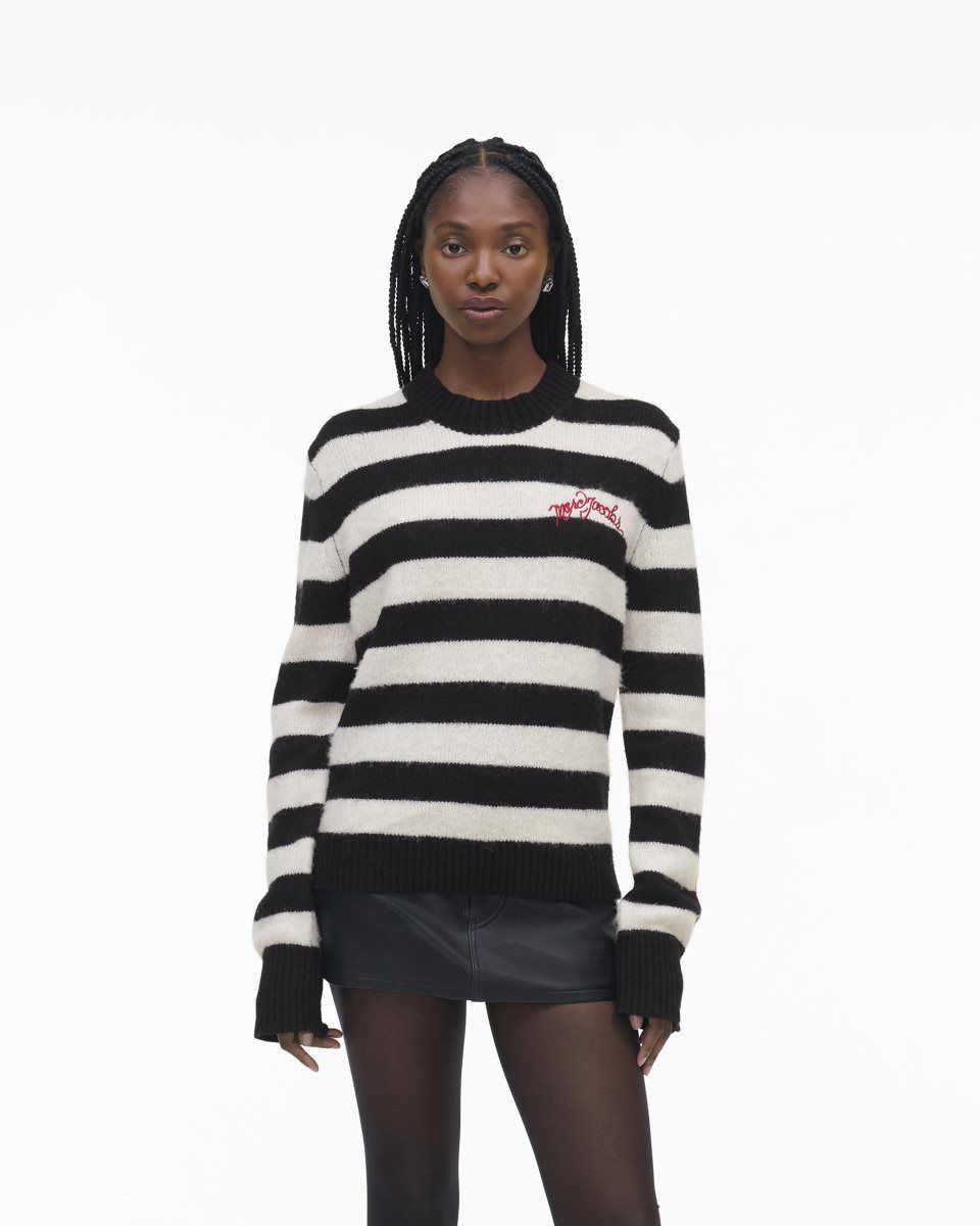 Marc Jacobs The Striped Brushed Logo Sweater Black / White | FNGWQD601